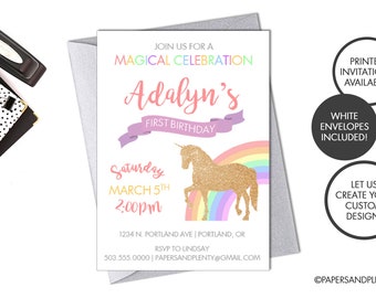 Digital Printed Unicorn First Birthday Invitation | Kid's Birthday Party | Glitter Unicorn | Rainbows | Kid's Unicorn Birthday Invitation