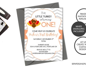 Digital Printed First Birthday "Our Little Turkey is ONE" Invitation | Fall Birthday Invite | Kids Birthday Invitation | November Birthday