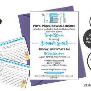 May include: A purple envelope with a white card inside. The card has a kitchen theme with a mixer, pots, pans, and bowls. The text on the card reads "Pots, Pans, Bowls & Dishes Let's shower the bride with all her kitchen wishes! Please join us for a Bridal Shower In honor of Amanda Smith Sunday, July 9th at 1 PM The Smith Residence 1234 N. Portland Ave | Portland, OR Hosted by Megan Smith RSVP by July 1st 503.555.000 | Email Address Amanda is registered at Macy's Share your favorite recipe with the bride on the card provided!"