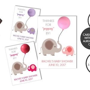K&ouml;nnte beinhalten: Drei rosa und wei&szlig;e Elefanten-Babyparty-Dankeskarten mit dem Text "Danke f&uuml;rs Vorbeikommen!" und "Rachel's Baby Shower 10. Juni 2017". Jede Karte zeigt einen rosa, lila oder roten Ballon mit einem kleinen Elefanten, der die Schnur h&auml;lt. Die Karten sind 3,75 Zoll mal 5 Zoll gro&szlig;.