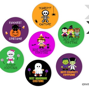 Set of 7 Halloween Costume Contest Awards, Costume Award Buttons, Halloween Costume Buttons, Costume Prizes, Halloween Party Costume Prizes
