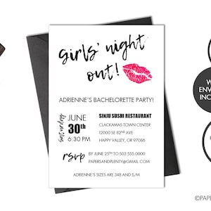 Digital or Printed Bachelorette "Girls Night Out" Party Invitation | Hot Pink Lips Bachelorette Party | Black and Pink Invite | Final Fling