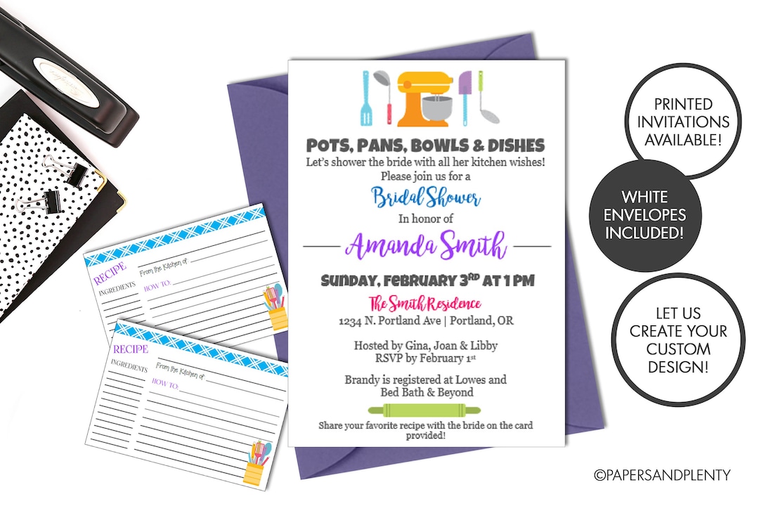 Digital or Printed Kitchen Bridal Shower Invitation pots, Pans, Bowls