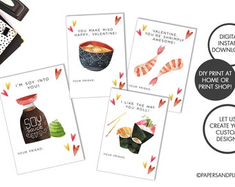 DIGITAL FILE - Kids Sushi Valentine Cards, Printable Valentine Cards, Kids Valentine Cards, Valentine Party Cards, Instant Download