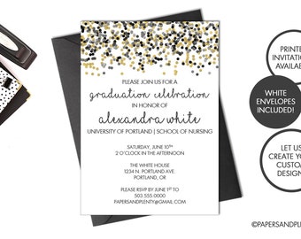May include: A white graduation invitation with a gold and black confetti design. The invitation reads "Please join us for a graduation celebration in honor of Alexandra White, University of Portland | School of Nursing. Saturday, June 10th, 2 o'clock in the afternoon, The White House, 1234 N. Portland Ave., Portland, OR. Please RSVP by June 1st to 503.555.0000, papersandplenty@gmail.com."