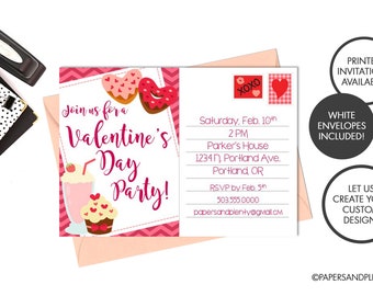 May include: Pink and white Valentine's Day party invitation with a pink and white chevron pattern. The invitation features a cupcake, a milkshake, and two donuts with hearts. The text reads "Join us for a Valentine's Day Party!" and includes the date, time, location, and RSVP information.