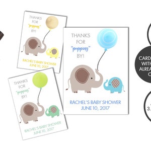K&ouml;nnte beinhalten: Drei Babyparty-Geschenk-Etiketten mit einem grauen Elefanten und einem kleineren Elefanten, der einen Ballon h&auml;lt. Der Text auf den Etiketten lautet "Danke f&uuml;rs Kommen!" und "Rachels Babyparty am 10. Juni 2017". Die Etiketten sind 3,75 Zoll mal 5 Zoll gro&szlig;.