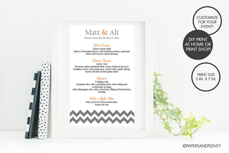 Chevron Wedding Reception Dinner Menu Gray Orange Wedding Etsy