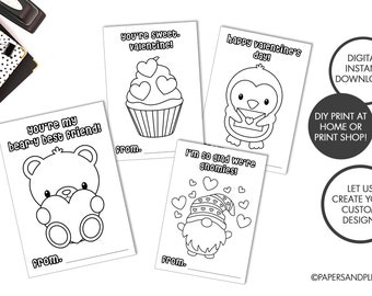 DIGITAL FILE - Kids Valentine Cards, Printable Valentine Cards, Valentine Class Party, Color Page Valentines, Instant Download Cards,