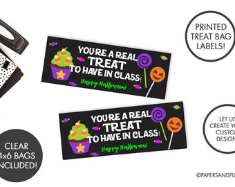 Printed Halloween Goodie Bags and Tags, Clear Treat Bag, Halloween Teacher Class Party Treat Bags, Halloween A Real Treat Party Bag Favor,