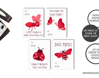 DIGITAL FILE - Printable Bug Valentine Cards for Kids (DIY) set of 4 | Insect Valentine Cards | Kid's Valentine Cards | Animal Valentine