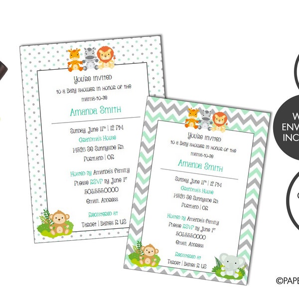 Digital or Printed Chevron Jungle Animal Baby Shower Invitation | Safari Animal Baby Shower | Polka Dots Chevron Invitations | Baby Sprinkle