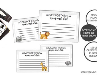 DIGITAL FILE - Jungle Animal Baby Shower | Advice for New Mom and Dad Cards Set of 4 | Baby Shower Advice Cards | Safari Baby Shower Games