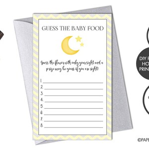 DIGITAL FILE - Baby Shower &quot;Guess the Baby Food&quot; Game Card | Baby Food Game | Moons & Stars Baby Shower | Baby Shower Game Instant Download