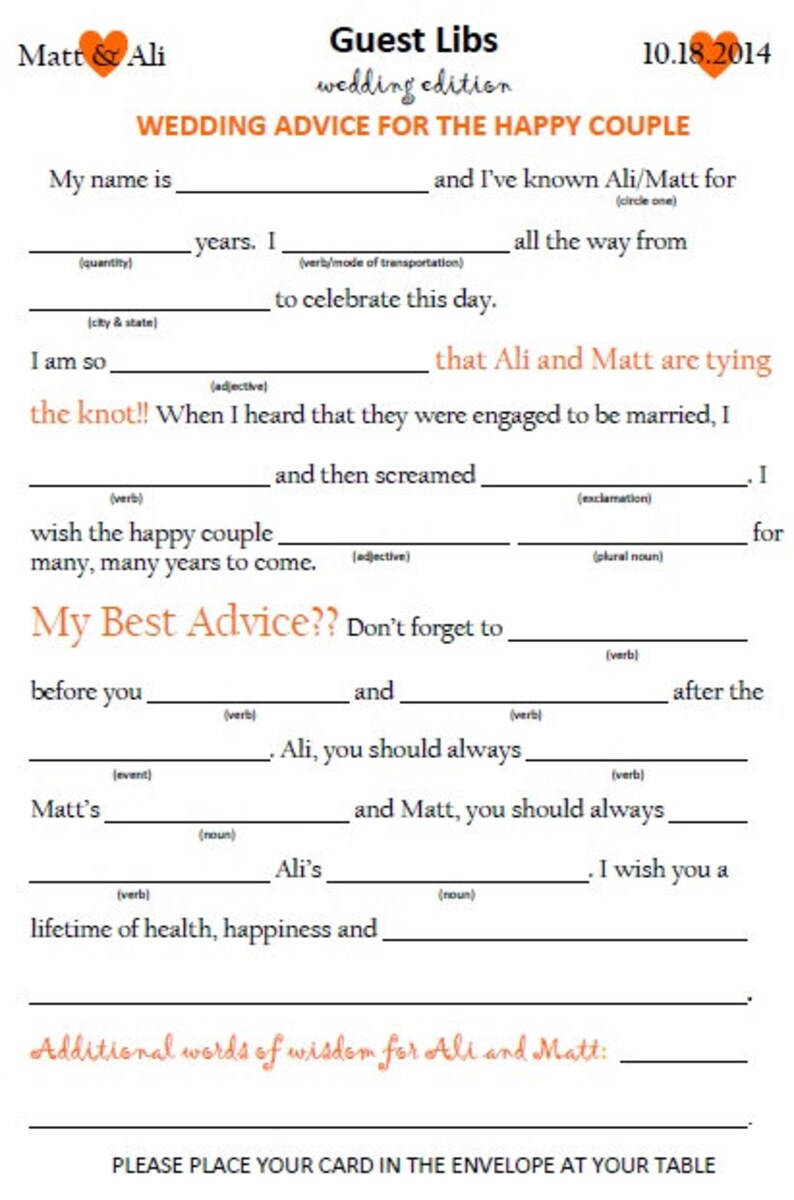 Digital or Printed Wedding Guest Mad Libs Wedding Reception Decor Wedding Guest Activities Table Decor Wedding Games Bridal Mad Lib image 2