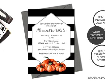 Digital or Printed Black and White Stripe Fall Bridal Shower Invitation | Fall Wedding Pumpkin Bridal Shower Invite| Personalized Invitation