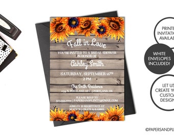 Digital or Printed Bridal Shower "Fall in Love" Invite | Rustic Bridal Shower | Sunflower Bridal Shower Invite | Wood/Rustic Wedding Shower