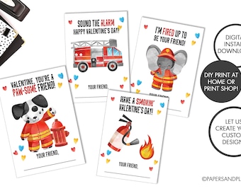 DIGITAL FILE - Kids Firefighter Valentine Cards, Printable Valentine Cards, Firetruck Valentine Card, Instant Download, Valentines for Kids