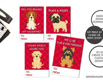 DIGITAL FILE - Puppy Valentine Cards for Kids DIY (Set of 4) | Puppy Love | Kids Valentine Cards | Valentine Party | Printable Valentines