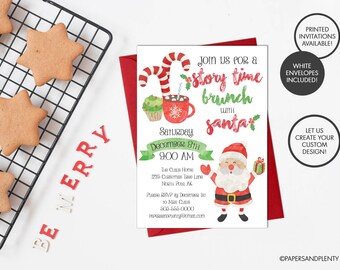 May include: A Christmas-themed invitation with the text "Join us for a story time brunch with Santa." The invitation features a Santa Claus illustration, candy canes, and a mug of hot chocolate. Star-shaped cookies and the words "Be Merry" are also visible.
