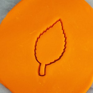 May include: Orange play dough with a leaf-shaped cookie cutter pressed into it.