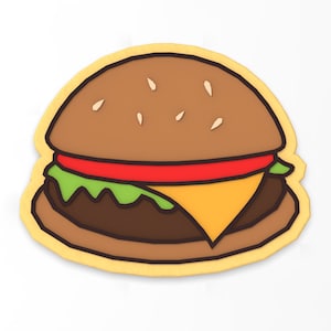 Puede incluir: Una ilustración de estilo de dibujos animados de una hamburguesa con un pan de semillas de sésamo, lechuga, tomate, queso y una hamburguesa de carne. La hamburguesa está dibujada en un estilo plano con un contorno amarillo.