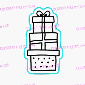 May include: Black and white line art illustration of a stack of three wrapped presents with a bow on top. The presents are in a basket with a polka dot pattern.
