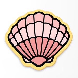 May include: A pink seashell with a yellow outline. The shell has a detailed design with multiple layers.