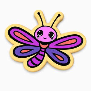 May include: A cartoon illustration of a purple and pink dragonfly with a yellow outline. The dragonfly has large, round eyes and a small, pink body.