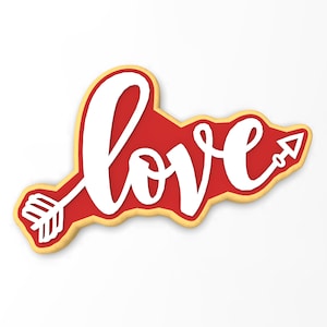 May include: A red cookie with a white outline and the word "love" written in white script with a white arrow pointing to the right.