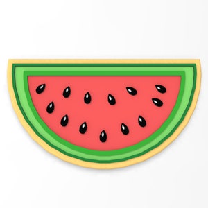 May include: A red watermelon slice with black seeds, surrounded by a green rind and a yellow outer edge.