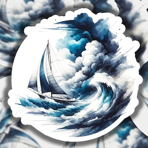 May include: A watercolor painting of a sailboat sailing through a stormy sea. The sailboat is white with blue sails and is surrounded by large, dark blue waves. The sky is a stormy gray with dark blue clouds.