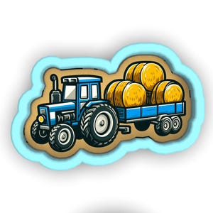 Puede incluir: Un tractor azul con un remolque que transporta tres balas redondas de heno. El tractor tiene una rueda delantera grande y una rueda trasera más pequeña. El remolque es azul y tiene un piso de madera.