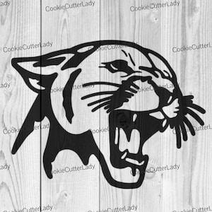 May include: Black and white silhouette of a roaring panther head. The panther's mouth is open, showing its teeth. The panther's eyes are closed.