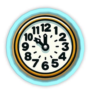 May include: A round clock with a light blue border. The clock face is white with black numbers and hands pointing to 11 o'clock. The clock has a gold and brown trim.
