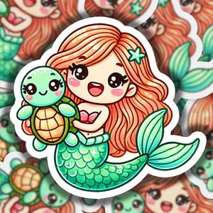 May include: A sticker featuring a cartoon mermaid with long, red hair holding a green turtle. The mermaid has a green tail with scales and is wearing a pink seashell bra. The turtle has a green shell with brown markings and a big smile.
