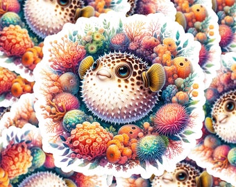 Baby Pufferfish Watercolor Coral Wreath Vinyl Sticker | Dishwasher Safe & Durable | Custom Sizes | Fast Shipping | Made in USA