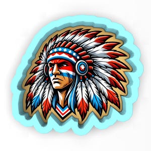 May include: A detailed illustration of a Native American chief wearing a feathered headdress. The design features red, white, and blue colors, with a light blue border. The chief's face is painted with stripes and stars.