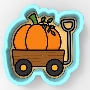 May include: A cartoon-style image of a pumpkin in an orange and brown wagon with black wheels and a silver handle. The pumpkin has a green stem and vines with green leaves. The image is outlined in black and set against a light blue background.