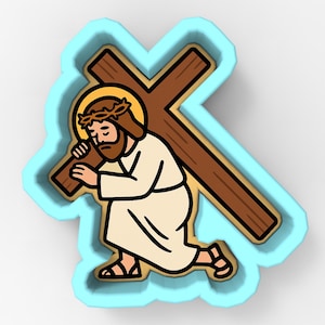 May include: A cartoon-style image of Jesus carrying a cross, kneeling. Jesus is depicted with a halo, a beard, and a crown of thorns. The cross is brown, and the outline is light blue. The image is likely a cookie cutter.