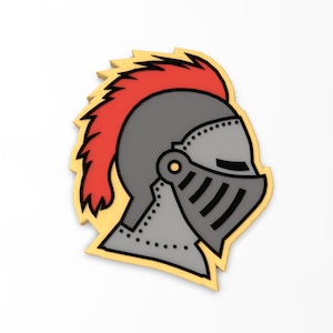 Puede incluir: Un casco de caballero dorado y rojo con contorno negro. El casco tiene una pluma roja y una visera plateada con detalles negros.