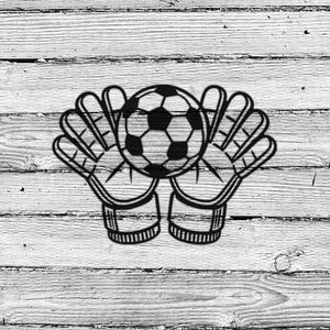 Puede incluir: Ilustración en blanco y negro de un par de guantes de portero atrapando un balón de fútbol.