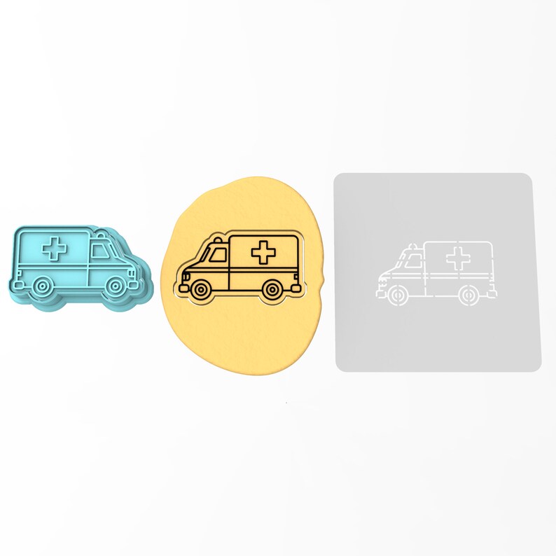 May include: A blue plastic cookie cutter shaped like an ambulance with a white cross on the side. The cutter is shown on a yellow surface and a gray surface with a white outline of the ambulance.