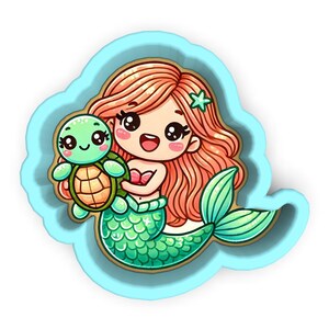 May include: A blue silicone cookie cutter shaped like a mermaid with a green tail and a turtle in her arms. The mermaid has long red hair and a star on her head.