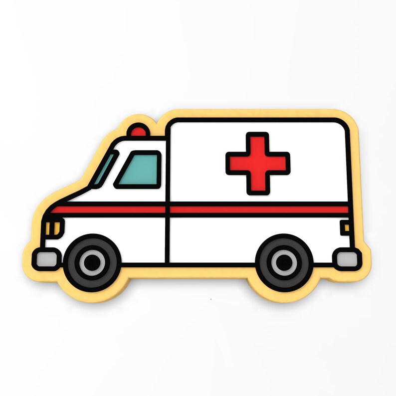 May include: A white ambulance with a red cross on the side. The ambulance has a yellow outline and is on a white background.