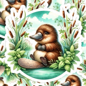 Baby Platypus Flower Wreath Watercolored 1 Vinyl Sticker | Dishwasher Safe & Durable | Custom Sizes | Fast Shipping | Made in USA