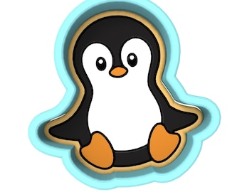 May include: A blue plastic cookie cutter shaped like a penguin. The penguin is black and white with an orange beak and feet.