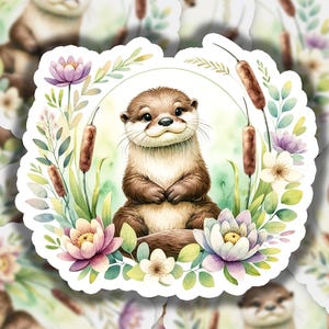 Otter with Flowers Watercolored Vinyl Sticker | Dishwasher Safe & Durable | Custom Sizes | Fast Shipping | Made in USA
