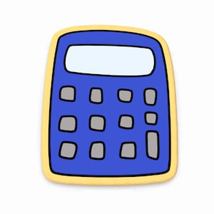 Könnte beinhalten: Ein blauer Rechner-Keks mit gelbem Rand. Der Rechner hat ein Display und ein Tastenfeld mit Knöpfen.