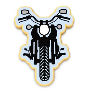 May include: A black and white silhouette of a motorcycle cookie cutter. The cookie cutter is shaped like a motorcycle with a front wheel, handlebars, and a headlight.
